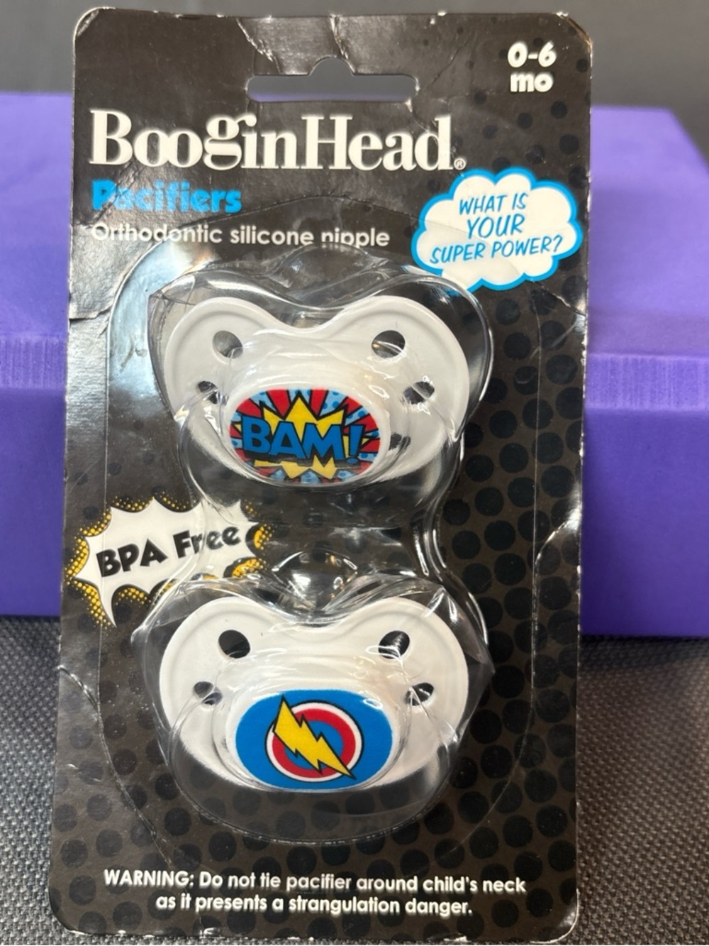 BooginHead Pacifiers superhero themed, BPA free, ages 0-6 months, two pack